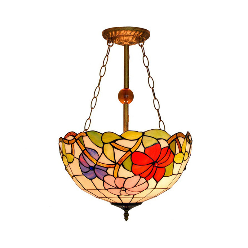 Blossom Inverted Semi Flush Mount Light with Flower/Morning Glory Pattern Tiffany Antique Stained Glass Ceiling Fixture Clearhalo 'Ceiling Lights' 'Chandeliers' 'Close To Ceiling Lights' 'Close to ceiling' 'Glass shade' 'Glass' 'Semi-flushmount' 'Tiffany close to ceiling' 'Tiffany' Lighting' 179221