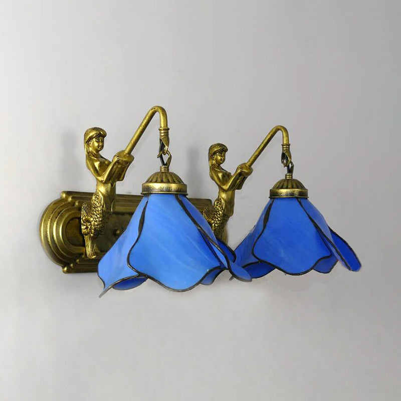 Flower Wall Mount Light 2 Heads Blue/Clear/Pink Glass Mediterranean Sconce Light Fixture with Mermaid Decoration Blue Clearhalo 'Industrial' 'Middle century wall lights' 'Tiffany wall lights' 'Tiffany' 'Wall Lamps & Sconces' 'Wall Lights' Lighting' 179223