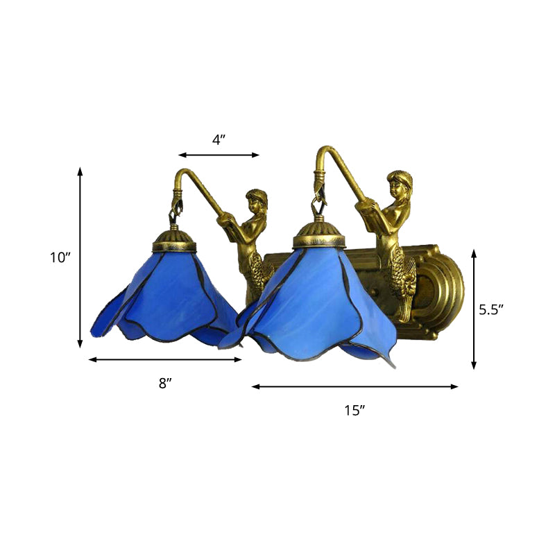 Flower Wall Mount Light 2 Heads Blue/Clear/Pink Glass Mediterranean Sconce Light Fixture with Mermaid Decoration Clearhalo 'Industrial' 'Middle century wall lights' 'Tiffany wall lights' 'Tiffany' 'Wall Lamps & Sconces' 'Wall Lights' Lighting' 179226