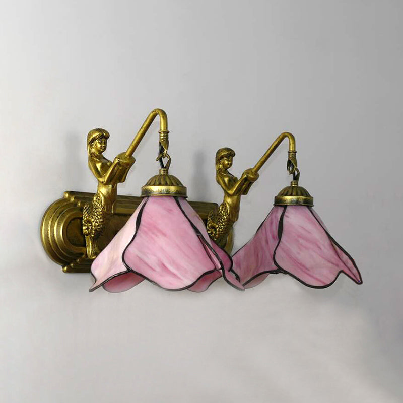 Flower Wall Mount Light 2 Heads Blue/Clear/Pink Glass Mediterranean Sconce Light Fixture with Mermaid Decoration Pink Clearhalo 'Industrial' 'Middle century wall lights' 'Tiffany wall lights' 'Tiffany' 'Wall Lamps & Sconces' 'Wall Lights' Lighting' 179227