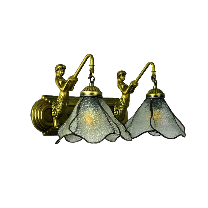 Flower Wall Mount Light 2 Heads Blue/Clear/Pink Glass Mediterranean Sconce Light Fixture with Mermaid Decoration Clearhalo 'Industrial' 'Middle century wall lights' 'Tiffany wall lights' 'Tiffany' 'Wall Lamps & Sconces' 'Wall Lights' Lighting' 179230