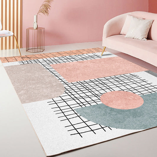 Multicolor Living Room Rug Modernist Geometric and Stripe Pattern Rug Polyester Washable Anti-Slip Backing Pet Friendly Carpet Pink