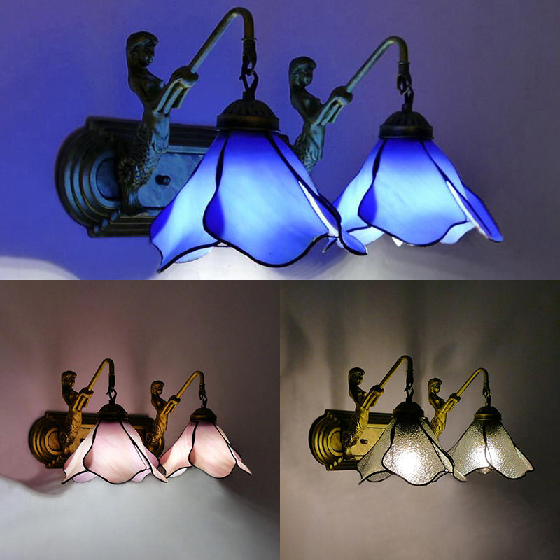 Flower Wall Mount Light 2 Heads Blue/Clear/Pink Glass Mediterranean Sconce Light Fixture with Mermaid Decoration Clearhalo 'Industrial' 'Middle century wall lights' 'Tiffany wall lights' 'Tiffany' 'Wall Lamps & Sconces' 'Wall Lights' Lighting' 179231