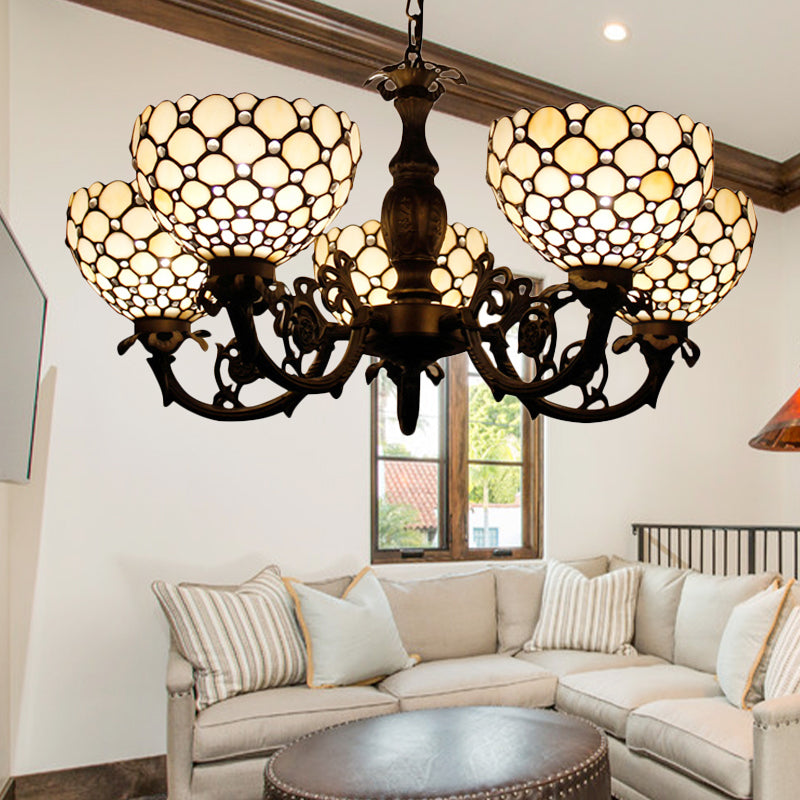 Living Room Bowl Chandelier with Bead Glass Metal Traditional Hanging Light in Beige/Orange Orange Clearhalo 'Ceiling Lights' 'Chandeliers' 'Close To Ceiling Lights' 'Industrial' 'Middle Century Chandeliers' 'Tiffany Chandeliers' 'Tiffany close to ceiling' 'Tiffany' Lighting' 179246