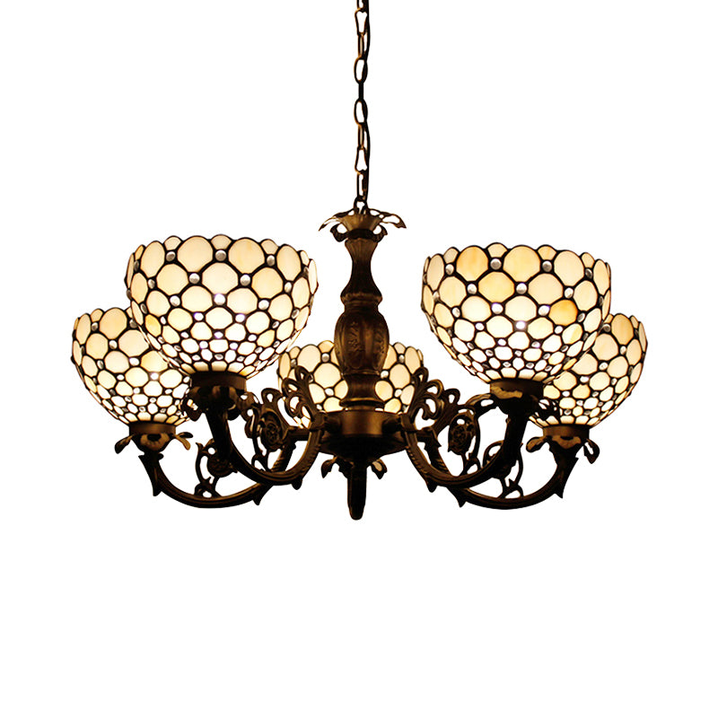 Living Room Bowl Chandelier with Bead Glass Metal Traditional Hanging Light in Beige/Orange Clearhalo 'Ceiling Lights' 'Chandeliers' 'Close To Ceiling Lights' 'Industrial' 'Middle Century Chandeliers' 'Tiffany Chandeliers' 'Tiffany close to ceiling' 'Tiffany' Lighting' 179248