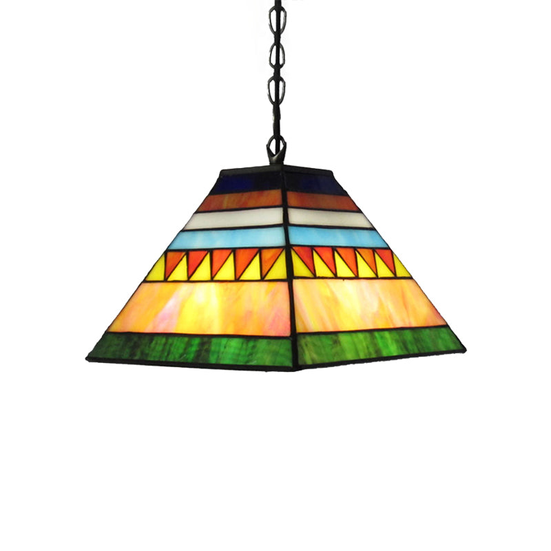 Pyramid Pendant Light Single Bulb Stained Glass Tiffany-Style Hanging Lamp in Orange/Yellow/Orange and Yellow for Hall Clearhalo 'Ceiling Lights' 'Chandeliers' 'Close To Ceiling Lights' 'Industrial' 'Middle Century Pendants' 'Pendant Lights' 'Pendants' 'Tiffany close to ceiling' 'Tiffany Pendants' 'Tiffany' Lighting' 179251