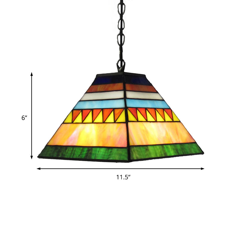 Pyramid Pendant Light Single Bulb Stained Glass Tiffany-Style Hanging Lamp in Orange/Yellow/Orange and Yellow for Hall Clearhalo 'Ceiling Lights' 'Chandeliers' 'Close To Ceiling Lights' 'Industrial' 'Middle Century Pendants' 'Pendant Lights' 'Pendants' 'Tiffany close to ceiling' 'Tiffany Pendants' 'Tiffany' Lighting' 179252