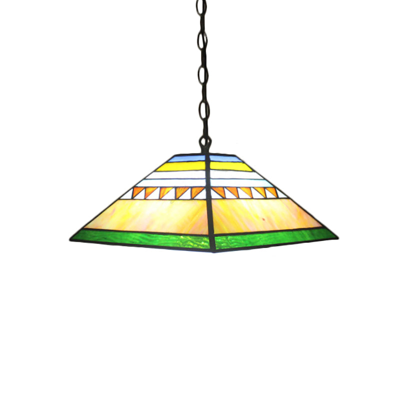 Pyramid Pendant Light Single Bulb Stained Glass Tiffany-Style Hanging Lamp in Orange/Yellow/Orange and Yellow for Hall Clearhalo 'Ceiling Lights' 'Chandeliers' 'Close To Ceiling Lights' 'Industrial' 'Middle Century Pendants' 'Pendant Lights' 'Pendants' 'Tiffany close to ceiling' 'Tiffany Pendants' 'Tiffany' Lighting' 179254