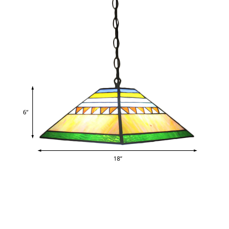 Pyramid Pendant Light Single Bulb Stained Glass Tiffany-Style Hanging Lamp in Orange/Yellow/Orange and Yellow for Hall Clearhalo 'Ceiling Lights' 'Chandeliers' 'Close To Ceiling Lights' 'Industrial' 'Middle Century Pendants' 'Pendant Lights' 'Pendants' 'Tiffany close to ceiling' 'Tiffany Pendants' 'Tiffany' Lighting' 179255