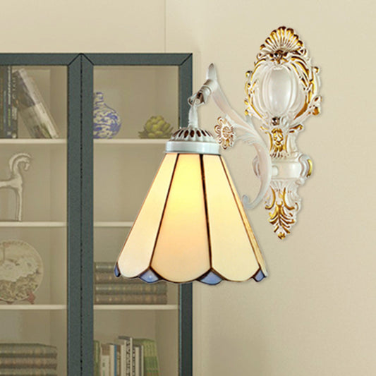 Conical Wall Sconce Light Traditional Beige Glass 1 Light Wall Lighting in White Finish for Bedroom Clearhalo 'Industrial' 'Middle century wall lights' 'Tiffany wall lights' 'Tiffany' 'Wall Lamps & Sconces' 'Wall Lights' Lighting' 179259