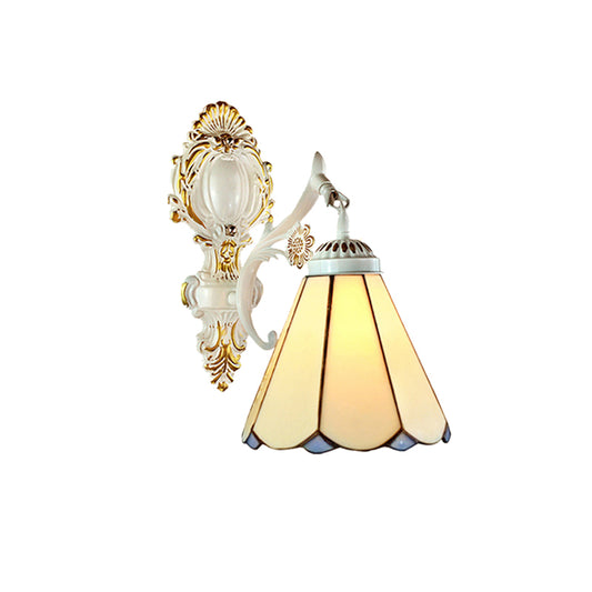 Conical Wall Sconce Light Traditional Beige Glass 1 Light Wall Lighting in White Finish for Bedroom Clearhalo 'Industrial' 'Middle century wall lights' 'Tiffany wall lights' 'Tiffany' 'Wall Lamps & Sconces' 'Wall Lights' Lighting' 179260