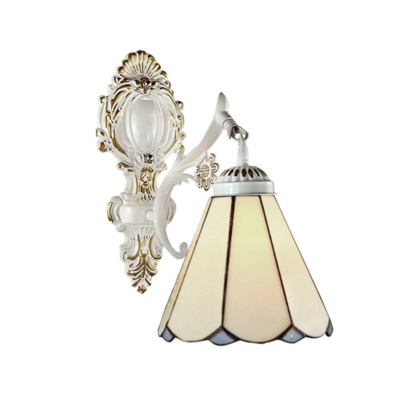 Conical Wall Sconce Light Traditional Beige Glass 1 Light Wall Lighting in White Finish for Bedroom Clearhalo 'Industrial' 'Middle century wall lights' 'Tiffany wall lights' 'Tiffany' 'Wall Lamps & Sconces' 'Wall Lights' Lighting' 179261