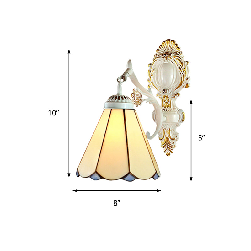 Conical Wall Sconce Light Traditional Beige Glass 1 Light Wall Lighting in White Finish for Bedroom Clearhalo 'Industrial' 'Middle century wall lights' 'Tiffany wall lights' 'Tiffany' 'Wall Lamps & Sconces' 'Wall Lights' Lighting' 179262