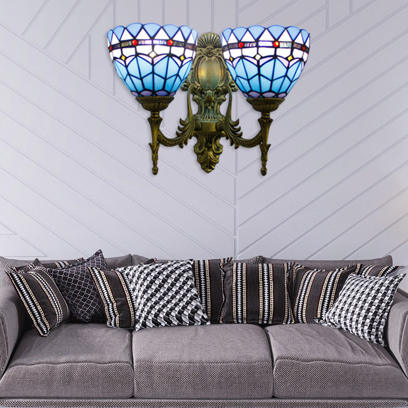 Baroque Bowl Wall Light Fixture Stained Glass 2 Heads Sconce Lighting in Antique Brass for Living Room Antique Bronze Clearhalo 'Industrial' 'Middle century wall lights' 'Tiffany wall lights' 'Tiffany' 'Wall Lamps & Sconces' 'Wall Lights' Lighting' 179270