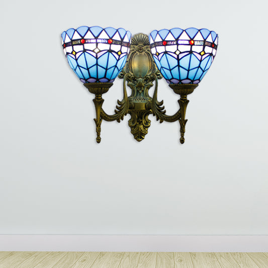 Baroque Bowl Wall Light Fixture Stained Glass 2 Heads Sconce Lighting in Antique Brass for Living Room Clearhalo 'Industrial' 'Middle century wall lights' 'Tiffany wall lights' 'Tiffany' 'Wall Lamps & Sconces' 'Wall Lights' Lighting' 179271