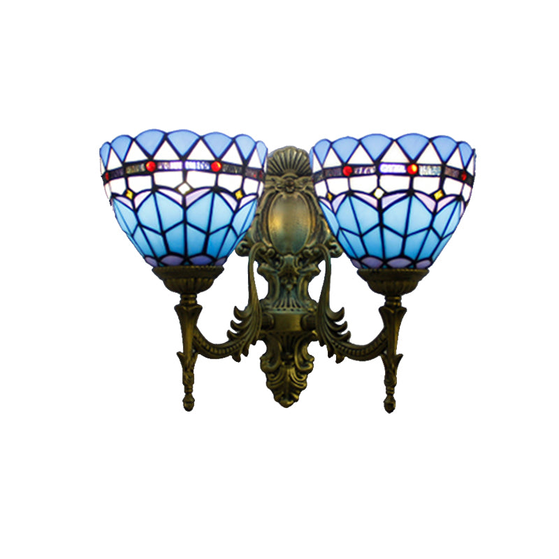 Baroque Bowl Wall Light Fixture Stained Glass 2 Heads Sconce Lighting in Antique Brass for Living Room Clearhalo 'Industrial' 'Middle century wall lights' 'Tiffany wall lights' 'Tiffany' 'Wall Lamps & Sconces' 'Wall Lights' Lighting' 179272