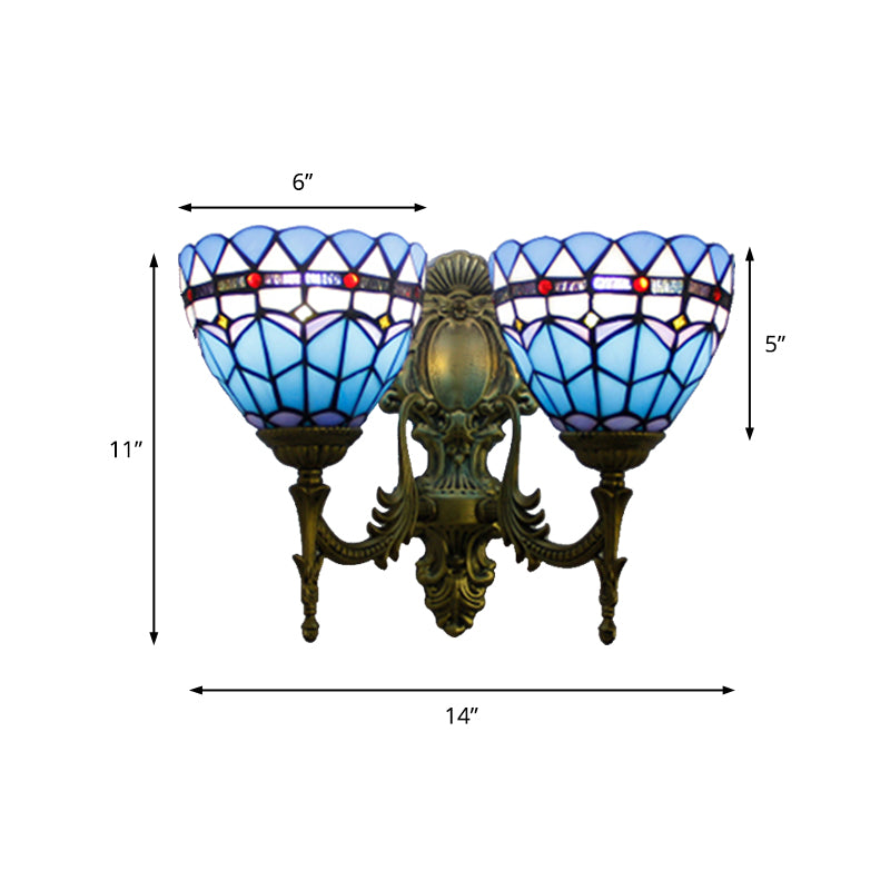 Baroque Bowl Wall Light Fixture Stained Glass 2 Heads Sconce Lighting in Antique Brass for Living Room Clearhalo 'Industrial' 'Middle century wall lights' 'Tiffany wall lights' 'Tiffany' 'Wall Lamps & Sconces' 'Wall Lights' Lighting' 179273