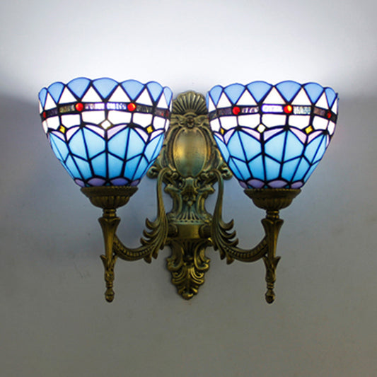 Baroque Bowl Wall Light Fixture Stained Glass 2 Heads Sconce Lighting in Antique Brass for Living Room Clearhalo 'Industrial' 'Middle century wall lights' 'Tiffany wall lights' 'Tiffany' 'Wall Lamps & Sconces' 'Wall Lights' Lighting' 179274