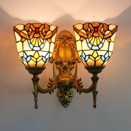Victorian Bell Wall Mount Lighting Stained Glass 2 Heads Wall Sconce Lamp for Dining Room Clearhalo 'Industrial' 'Middle century wall lights' 'Tiffany wall lights' 'Tiffany' 'Wall Lamps & Sconces' 'Wall Lights' Lighting' 179280