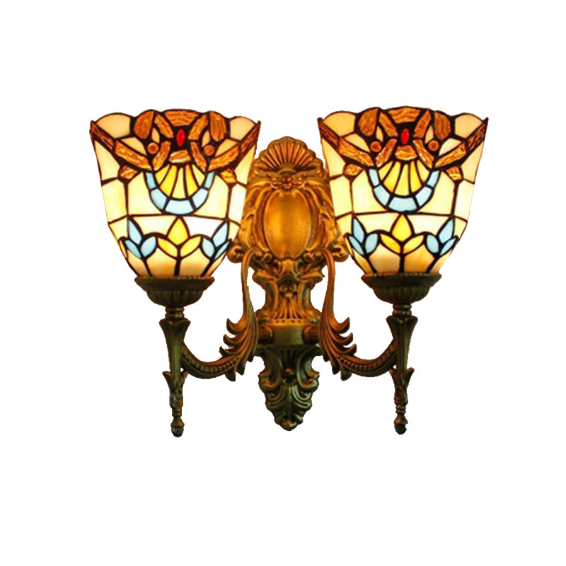 Victorian Bell Wall Mount Lighting Stained Glass 2 Heads Wall Sconce Lamp for Dining Room Clearhalo 'Industrial' 'Middle century wall lights' 'Tiffany wall lights' 'Tiffany' 'Wall Lamps & Sconces' 'Wall Lights' Lighting' 179281
