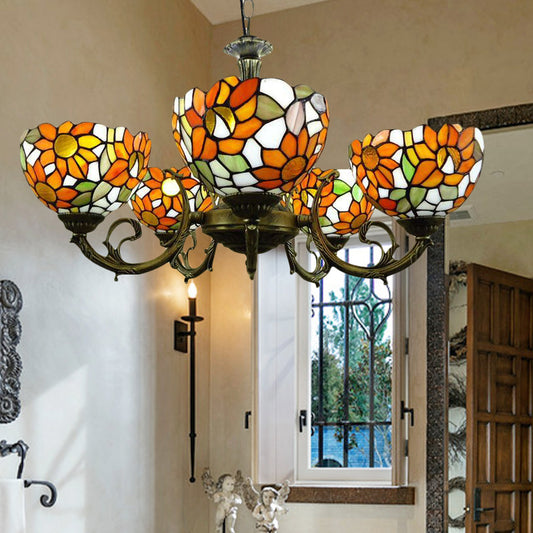 Orange Sunflower Hanging Light Rustic Style Tiffany Stained Glass Chandelier for Dining Room Orange Clearhalo 'Ceiling Lights' 'Chandeliers' 'Industrial' 'Middle Century Chandeliers' 'Pendant Lights' 'Tiffany Chandeliers' 'Tiffany close to ceiling' 'Tiffany' Lighting' 179283