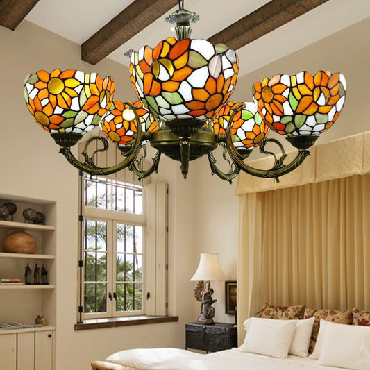 Orange Sunflower Hanging Light Rustic Style Tiffany Stained Glass Chandelier for Dining Room Clearhalo 'Ceiling Lights' 'Chandeliers' 'Industrial' 'Middle Century Chandeliers' 'Pendant Lights' 'Tiffany Chandeliers' 'Tiffany close to ceiling' 'Tiffany' Lighting' 179284