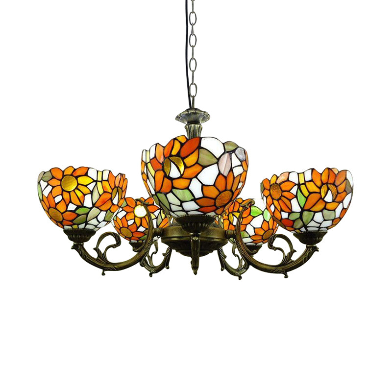 Orange Sunflower Hanging Light Rustic Style Tiffany Stained Glass Chandelier for Dining Room Clearhalo 'Ceiling Lights' 'Chandeliers' 'Industrial' 'Middle Century Chandeliers' 'Pendant Lights' 'Tiffany Chandeliers' 'Tiffany close to ceiling' 'Tiffany' Lighting' 179285