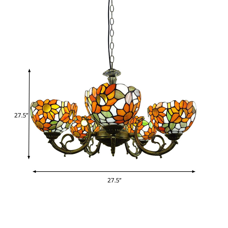 Orange Sunflower Hanging Light Rustic Style Tiffany Stained Glass Chandelier for Dining Room Clearhalo 'Ceiling Lights' 'Chandeliers' 'Industrial' 'Middle Century Chandeliers' 'Pendant Lights' 'Tiffany Chandeliers' 'Tiffany close to ceiling' 'Tiffany' Lighting' 179286