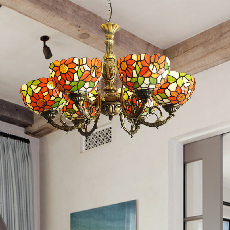 3/5/6 Lights Sunflower Kitchen Hanging Light Stained Glass Rustic Tiffany Chandelier with Inverted Shade in Orange 6 Orange Clearhalo 'Ceiling Lights' 'Chandeliers' 'Close To Ceiling Lights' 'Industrial' 'Middle Century Chandeliers' 'Tiffany Chandeliers' 'Tiffany close to ceiling' 'Tiffany' Lighting' 179292