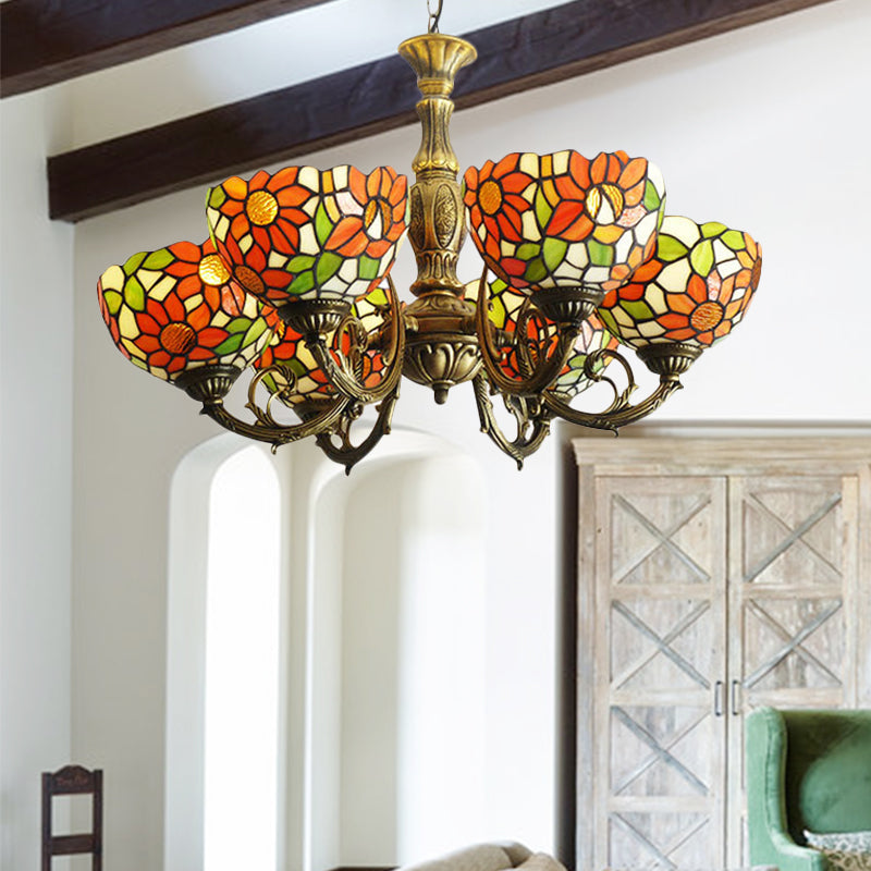 3/5/6 Lights Sunflower Kitchen Hanging Light Stained Glass Rustic Tiffany Chandelier with Inverted Shade in Orange Clearhalo 'Ceiling Lights' 'Chandeliers' 'Close To Ceiling Lights' 'Industrial' 'Middle Century Chandeliers' 'Tiffany Chandeliers' 'Tiffany close to ceiling' 'Tiffany' Lighting' 179293