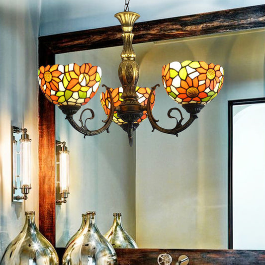 3/5/6 Lights Sunflower Kitchen Hanging Light Stained Glass Rustic Tiffany Chandelier with Inverted Shade in Orange Clearhalo 'Ceiling Lights' 'Chandeliers' 'Close To Ceiling Lights' 'Industrial' 'Middle Century Chandeliers' 'Tiffany Chandeliers' 'Tiffany close to ceiling' 'Tiffany' Lighting' 179297