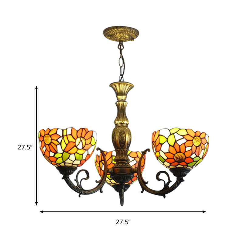 3/5/6 Lights Sunflower Kitchen Hanging Light Stained Glass Rustic Tiffany Chandelier with Inverted Shade in Orange Clearhalo 'Ceiling Lights' 'Chandeliers' 'Close To Ceiling Lights' 'Industrial' 'Middle Century Chandeliers' 'Tiffany Chandeliers' 'Tiffany close to ceiling' 'Tiffany' Lighting' 179299