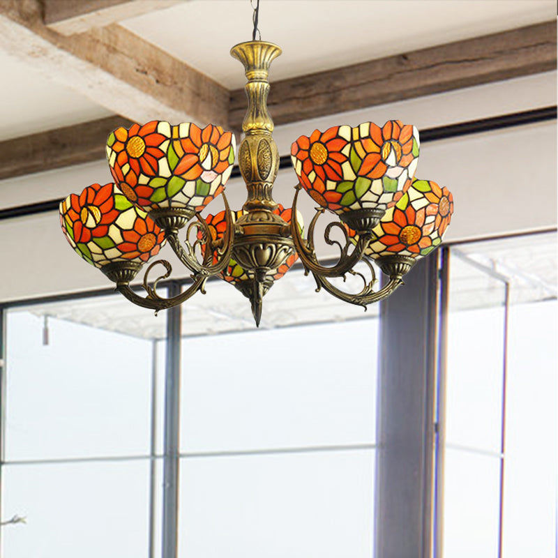 3/5/6 Lights Sunflower Kitchen Hanging Light Stained Glass Rustic Tiffany Chandelier with Inverted Shade in Orange 5 Orange Clearhalo 'Ceiling Lights' 'Chandeliers' 'Close To Ceiling Lights' 'Industrial' 'Middle Century Chandeliers' 'Tiffany Chandeliers' 'Tiffany close to ceiling' 'Tiffany' Lighting' 179300