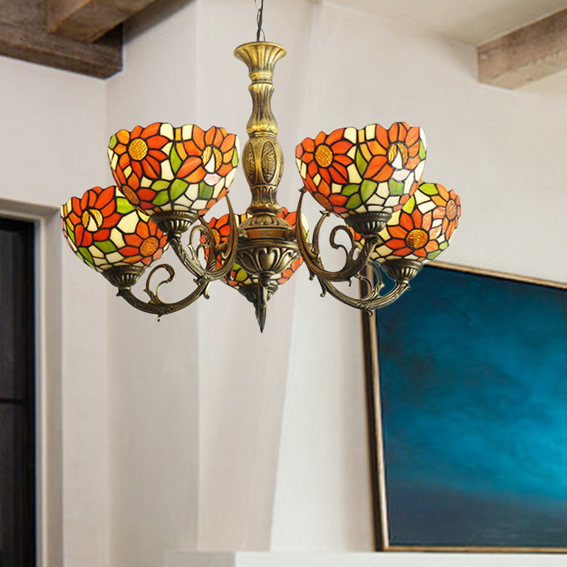 3/5/6 Lights Sunflower Kitchen Hanging Light Stained Glass Rustic Tiffany Chandelier with Inverted Shade in Orange Clearhalo 'Ceiling Lights' 'Chandeliers' 'Close To Ceiling Lights' 'Industrial' 'Middle Century Chandeliers' 'Tiffany Chandeliers' 'Tiffany close to ceiling' 'Tiffany' Lighting' 179301