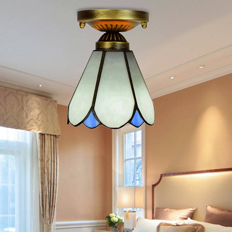 Art Glass Conical Small Ceiling Light 1 Bulb Tiffany Simple Style Ceiling Lamp in White for Kitchen White Clearhalo 'Ceiling Lights' 'Close To Ceiling Lights' 'Close to ceiling' 'Glass shade' 'Glass' 'Pendant Lights' 'Semi-flushmount' 'Tiffany close to ceiling' 'Tiffany' Lighting' 179304