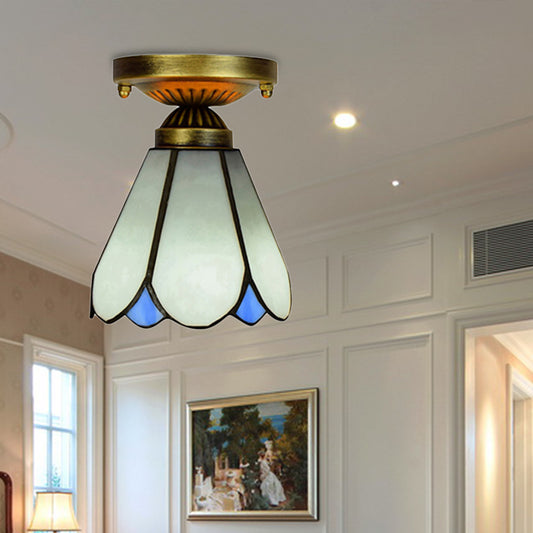 Art Glass Conical Small Ceiling Light 1 Bulb Tiffany Simple Style Ceiling Lamp in White for Kitchen Clearhalo 'Ceiling Lights' 'Close To Ceiling Lights' 'Close to ceiling' 'Glass shade' 'Glass' 'Pendant Lights' 'Semi-flushmount' 'Tiffany close to ceiling' 'Tiffany' Lighting' 179305