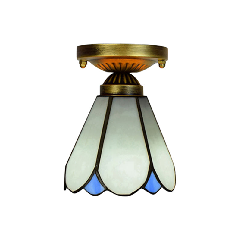 Art Glass Conical Small Ceiling Light 1 Bulb Tiffany Simple Style Ceiling Lamp in White for Kitchen Clearhalo 'Ceiling Lights' 'Close To Ceiling Lights' 'Close to ceiling' 'Glass shade' 'Glass' 'Pendant Lights' 'Semi-flushmount' 'Tiffany close to ceiling' 'Tiffany' Lighting' 179306