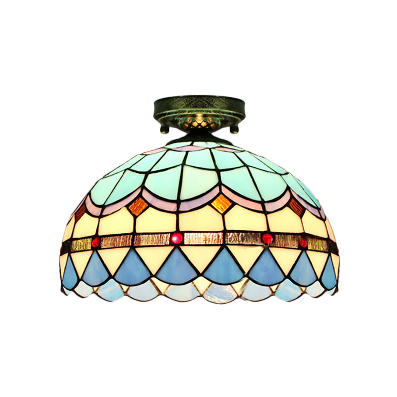 Scalloped Bowl Flush Lighting with Baroque/Gem/Square/Blue Square/Yellow Square Pattern Tiffany Style Stained Glass 1 Bulb Flush Ceiling Light Clearhalo 'Ceiling Lights' 'Close To Ceiling Lights' 'Close to ceiling' 'Glass shade' 'Glass' 'Semi-flushmount' 'Tiffany close to ceiling' 'Tiffany' Lighting' 179310