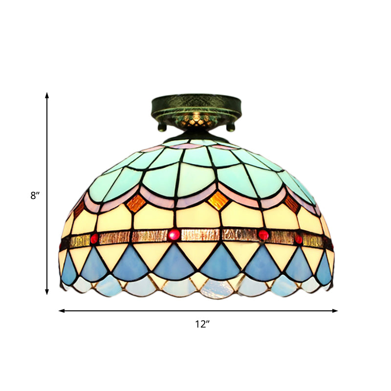 Scalloped Bowl Flush Lighting with Baroque/Gem/Square/Blue Square/Yellow Square Pattern Tiffany Style Stained Glass 1 Bulb Flush Ceiling Light Clearhalo 'Ceiling Lights' 'Close To Ceiling Lights' 'Close to ceiling' 'Glass shade' 'Glass' 'Semi-flushmount' 'Tiffany close to ceiling' 'Tiffany' Lighting' 179311