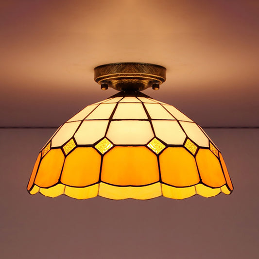Scalloped Bowl Flush Lighting with Baroque/Gem/Square/Blue Square/Yellow Square Pattern Tiffany Style Stained Glass 1 Bulb Flush Ceiling Light Antique Bronze Yellow Square Clearhalo 'Ceiling Lights' 'Close To Ceiling Lights' 'Close to ceiling' 'Glass shade' 'Glass' 'Semi-flushmount' 'Tiffany close to ceiling' 'Tiffany' Lighting' 179312