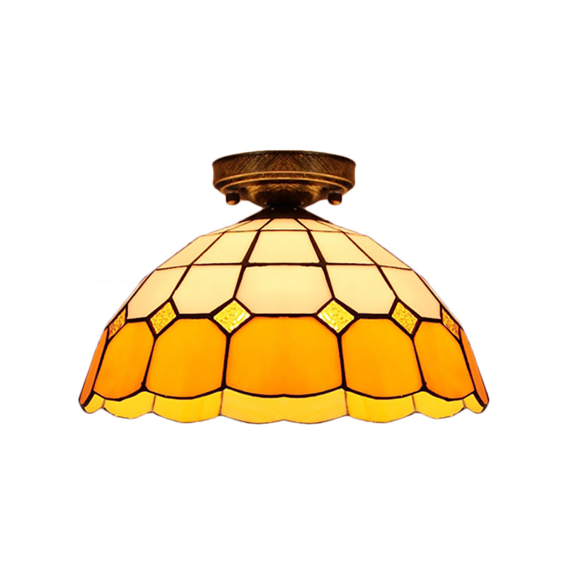 Scalloped Bowl Flush Lighting with Baroque/Gem/Square/Blue Square/Yellow Square Pattern Tiffany Style Stained Glass 1 Bulb Flush Ceiling Light Clearhalo 'Ceiling Lights' 'Close To Ceiling Lights' 'Close to ceiling' 'Glass shade' 'Glass' 'Semi-flushmount' 'Tiffany close to ceiling' 'Tiffany' Lighting' 179313