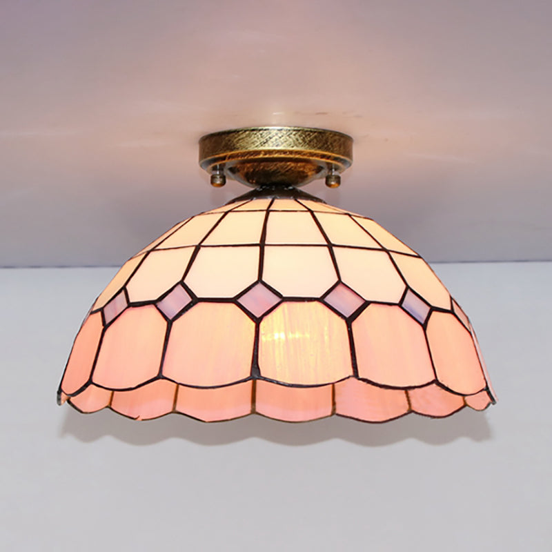 Scalloped Bowl Flush Lighting with Baroque/Gem/Square/Blue Square/Yellow Square Pattern Tiffany Style Stained Glass 1 Bulb Flush Ceiling Light Antique Bronze Square Clearhalo 'Ceiling Lights' 'Close To Ceiling Lights' 'Close to ceiling' 'Glass shade' 'Glass' 'Semi-flushmount' 'Tiffany close to ceiling' 'Tiffany' Lighting' 179314