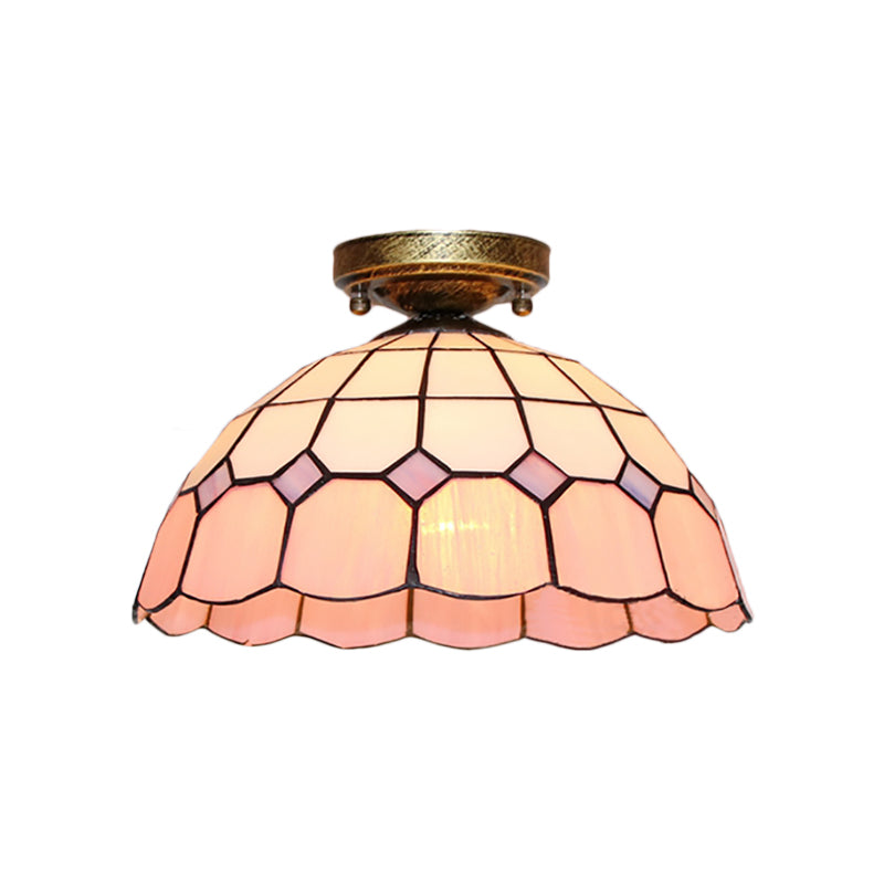 Scalloped Bowl Flush Lighting with Baroque/Gem/Square/Blue Square/Yellow Square Pattern Tiffany Style Stained Glass 1 Bulb Flush Ceiling Light Clearhalo 'Ceiling Lights' 'Close To Ceiling Lights' 'Close to ceiling' 'Glass shade' 'Glass' 'Semi-flushmount' 'Tiffany close to ceiling' 'Tiffany' Lighting' 179315