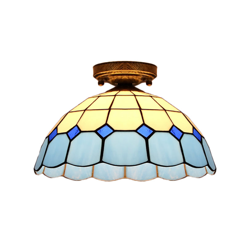 Scalloped Bowl Flush Lighting with Baroque/Gem/Square/Blue Square/Yellow Square Pattern Tiffany Style Stained Glass 1 Bulb Flush Ceiling Light Clearhalo 'Ceiling Lights' 'Close To Ceiling Lights' 'Close to ceiling' 'Glass shade' 'Glass' 'Semi-flushmount' 'Tiffany close to ceiling' 'Tiffany' Lighting' 179318