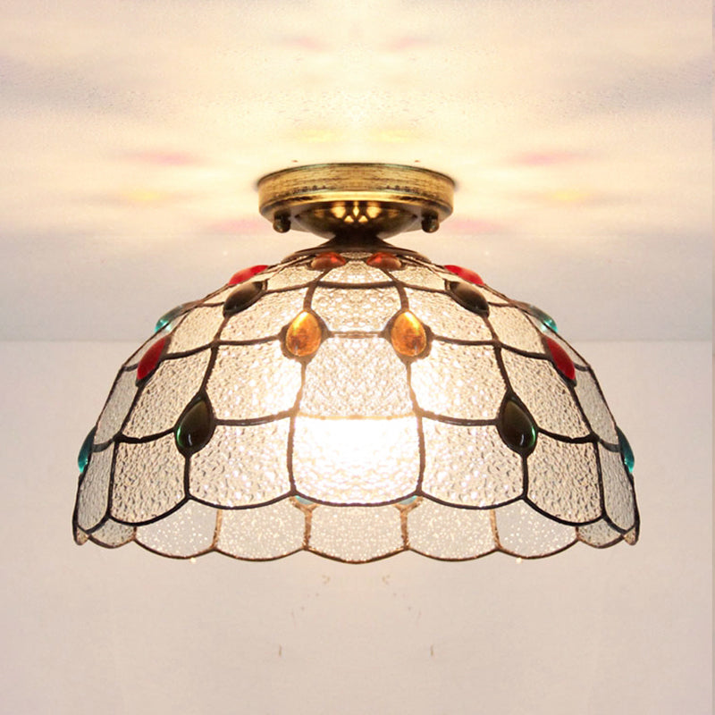 Scalloped Bowl Flush Lighting with Baroque/Gem/Square/Blue Square/Yellow Square Pattern Tiffany Style Stained Glass 1 Bulb Flush Ceiling Light Antique Bronze Gem Clearhalo 'Ceiling Lights' 'Close To Ceiling Lights' 'Close to ceiling' 'Glass shade' 'Glass' 'Semi-flushmount' 'Tiffany close to ceiling' 'Tiffany' Lighting' 179319