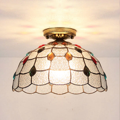 Scalloped Bowl Flush Lighting with Baroque/Gem/Square/Blue Square/Yellow Square Pattern Tiffany Style Stained Glass 1 Bulb Flush Ceiling Light Antique Bronze Gem Clearhalo 'Ceiling Lights' 'Close To Ceiling Lights' 'Close to ceiling' 'Glass shade' 'Glass' 'Semi-flushmount' 'Tiffany close to ceiling' 'Tiffany' Lighting' 179319