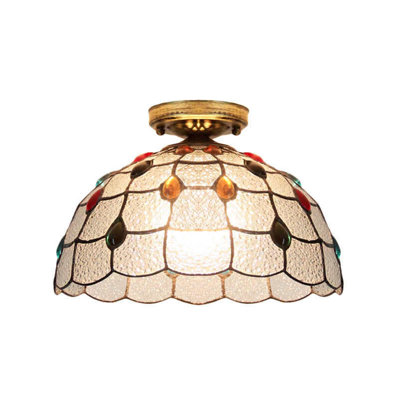 Scalloped Bowl Flush Lighting with Baroque/Gem/Square/Blue Square/Yellow Square Pattern Tiffany Style Stained Glass 1 Bulb Flush Ceiling Light Clearhalo 'Ceiling Lights' 'Close To Ceiling Lights' 'Close to ceiling' 'Glass shade' 'Glass' 'Semi-flushmount' 'Tiffany close to ceiling' 'Tiffany' Lighting' 179320