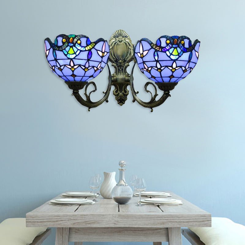 Stained Glass Bowl Wall Lighting Victorian Style 2 Heads Indoor Wall Mount Light in Antique Bronze Blue Clearhalo 'Industrial' 'Middle century wall lights' 'Tiffany wall lights' 'Tiffany' 'Wall Lamps & Sconces' 'Wall Lights' Lighting' 179321
