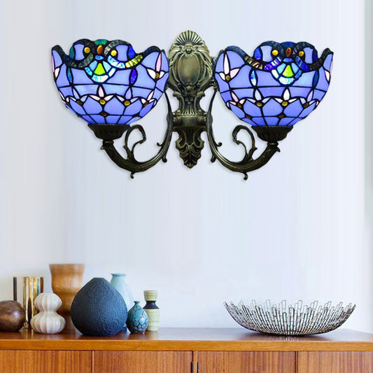 Stained Glass Bowl Wall Lighting Victorian Style 2 Heads Indoor Wall Mount Light in Antique Bronze Clearhalo 'Industrial' 'Middle century wall lights' 'Tiffany wall lights' 'Tiffany' 'Wall Lamps & Sconces' 'Wall Lights' Lighting' 179322