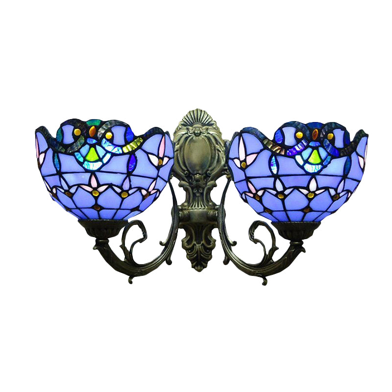 Stained Glass Bowl Wall Lighting Victorian Style 2 Heads Indoor Wall Mount Light in Antique Bronze Clearhalo 'Industrial' 'Middle century wall lights' 'Tiffany wall lights' 'Tiffany' 'Wall Lamps & Sconces' 'Wall Lights' Lighting' 179323